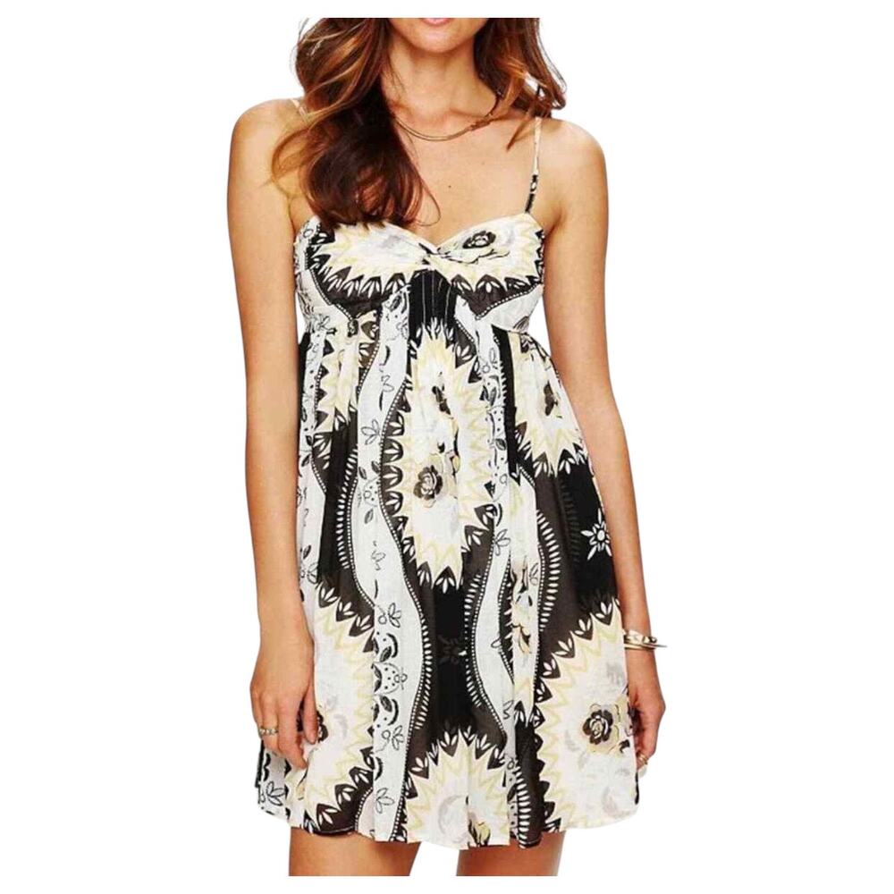 Free People Dress Womens Small Black Yellow Floral Babydoll Chiffon Festival